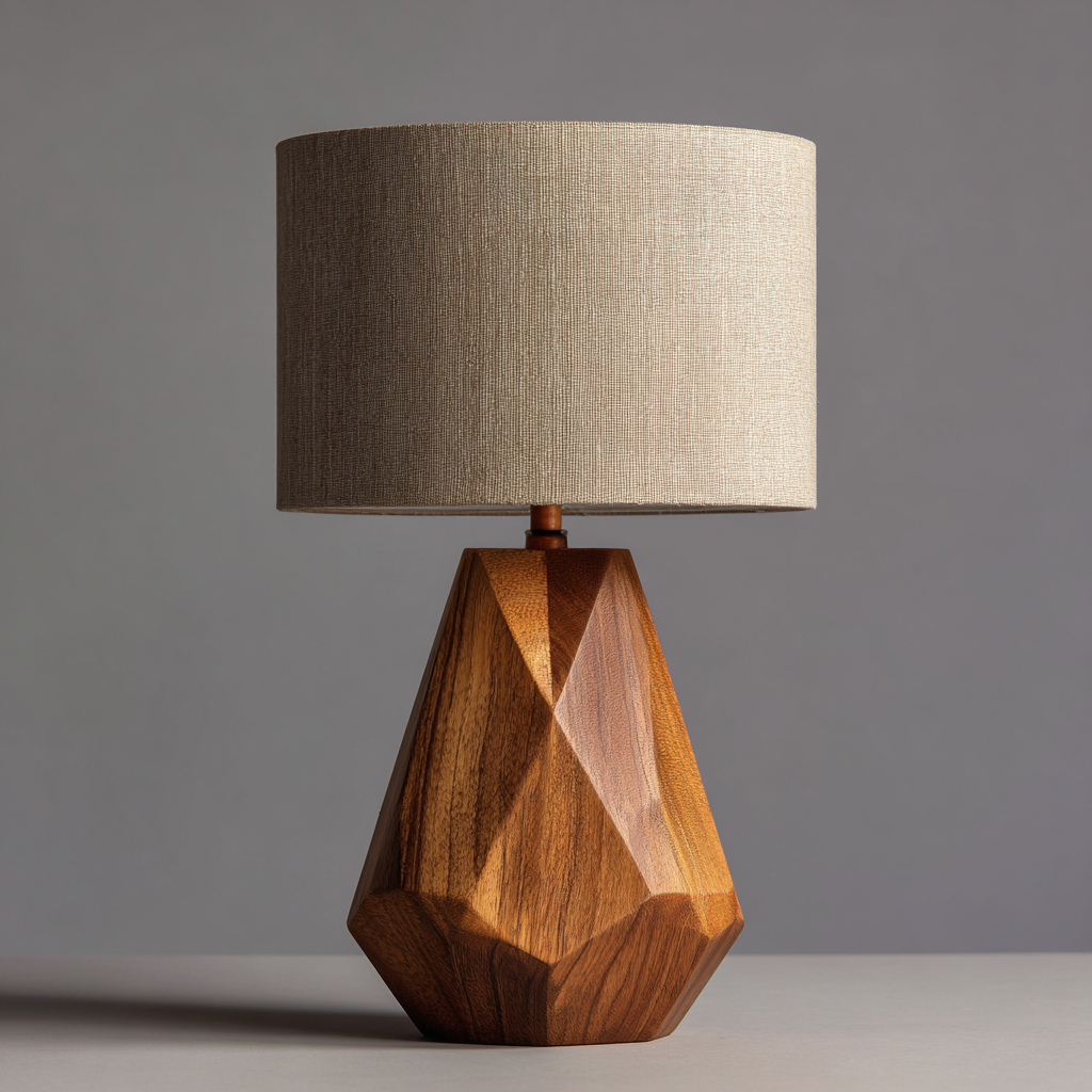 The Facet | Hand-Carved Geometric Solid Wood Lamp with Linen Shade - Dimmable Artisan Decor for Modern Nordic Bedroom Nightstand Decor