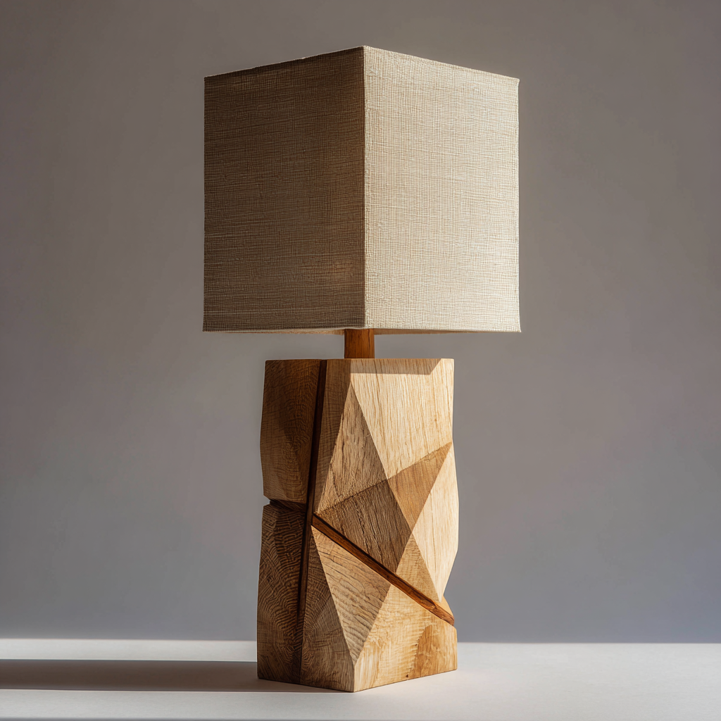 The Monolith | Modern Hand-Carved Solid Wood Table Lamp - Faceted Architectural Base with Square Linen Shade