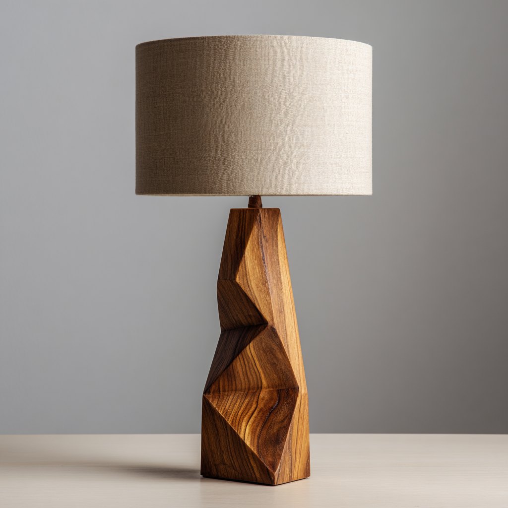 Handcrafted Geometric Solid Walnut Wood Aromatherapy Table Lamp with Dimmable Warm Light and Linen Shade for Zen Bedroom Nightstand Decor