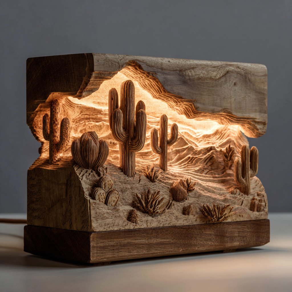 Handcrafted Rustic Wood Cactus Night Light Desert Landscape Shadow Box Lamp Western Decor Art Piece for Living Room Bedroom